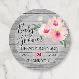 Waterverf Floral Pink Grey Rustic Baby shower Bedankjes Labels