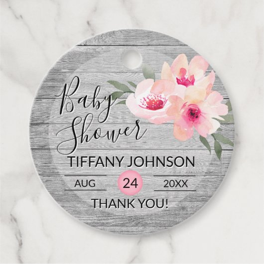 Waterverf Floral Pink Grey Rustic Baby shower Bedankjes Labels (Voorkant)