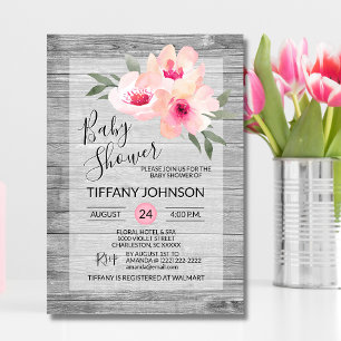 Waterverf Floral Pink Grey Rustic Baby shower Kaart