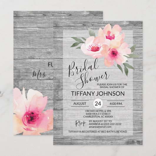 Waterverf Floral Pink Grey Rustic Vrijgezellenfees Kaart (Voorkant / Achterkant)