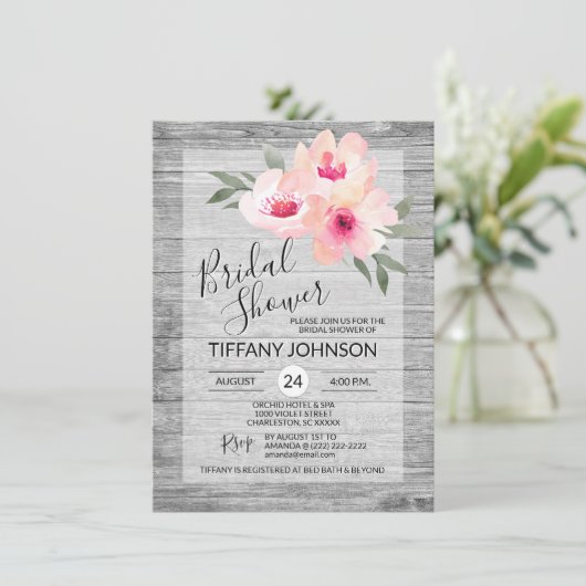 Waterverf Floral Pink Grey Rustic Vrijgezellenfees Kaart (Staand voorkant)