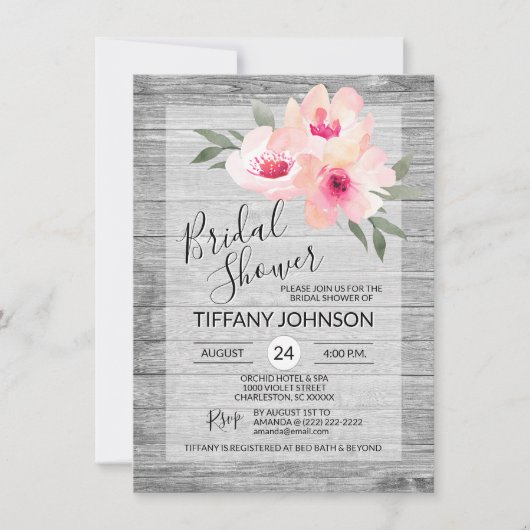 Waterverf Floral Pink Grey Rustic Vrijgezellenfees Kaart (Voorkant)