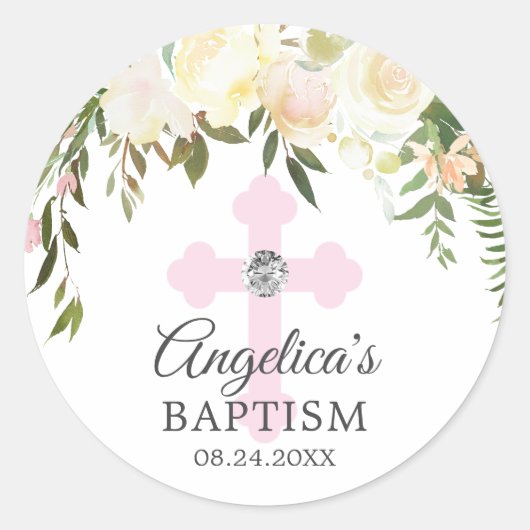 Waterverf Floral Pink Ivory Baptism Christening Ronde Sticker (Voorkant)