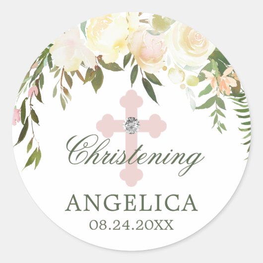 Waterverf Floral Pink Ivory Baptism Christening Ronde Sticker (Voorkant)