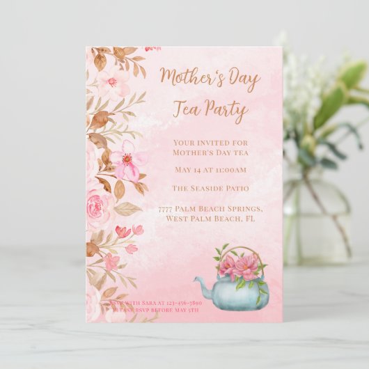 Waterverf Floral Pink Moederdag Tea Party Kaart (Staand voorkant)