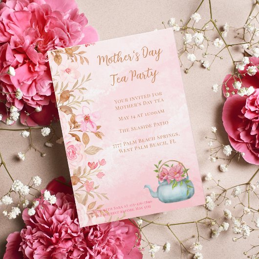 Waterverf Floral Pink Moederdag Tea Party Kaart