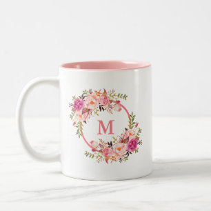 Waterverf Floral Pink Monogram Tweekleurige Koffiemok