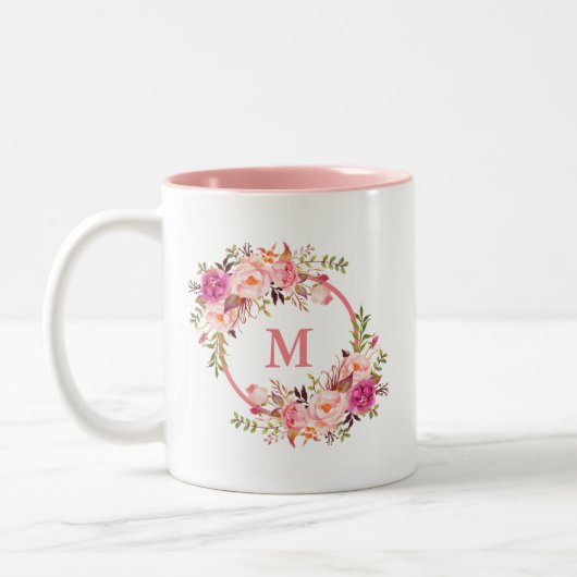 Waterverf Floral Pink Monogram Tweekleurige Koffiemok (Links)
