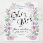Waterverf Floral Pink Mr & Mrs Script Wijn Etiket (Enkel label)