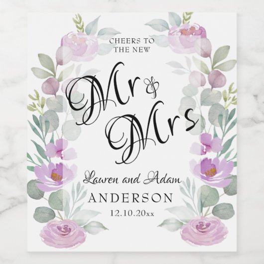 Waterverf Floral Pink Mr & Mrs Script Wijn Etiket (Enkel label)
