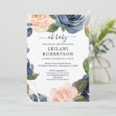 Waterverf Floral Pink Navy Oh Baby shower Kaart (Staand voorkant)