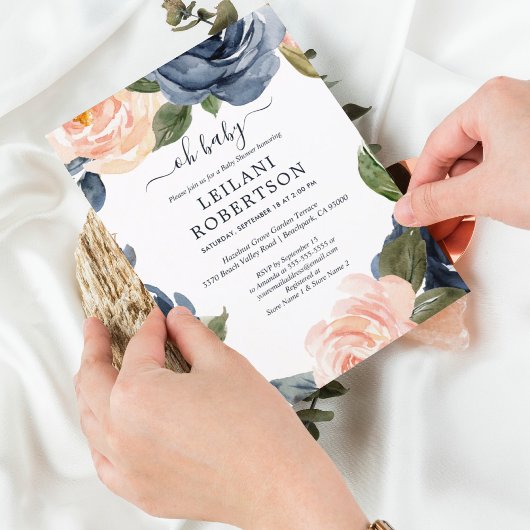 Waterverf Floral Pink Navy Oh Baby shower Kaart