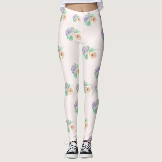 Waterverf Floral Pink Paarse Leggings (Voorkant)