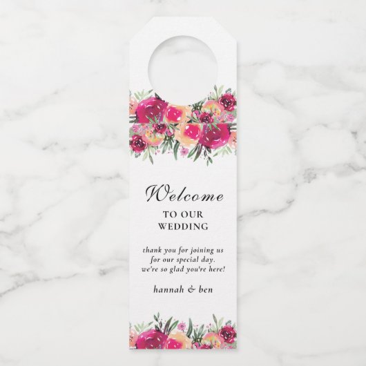 Waterverf Floral Pink Persoonlijk huwelijk Flessenhanger (Voorkant)