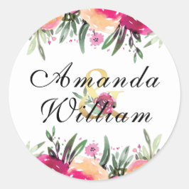 Waterverf Floral Pink Persoonlijk huwelijk Ronde Sticker