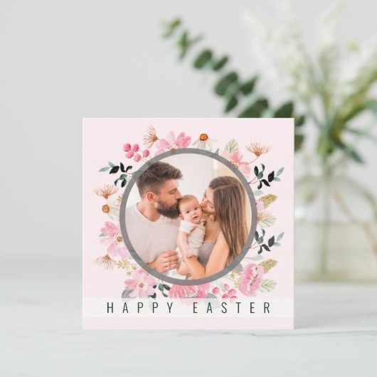 Waterverf Floral Pink Persoonlijke foto Pasen Feestdagenkaart (Staand voorkant)