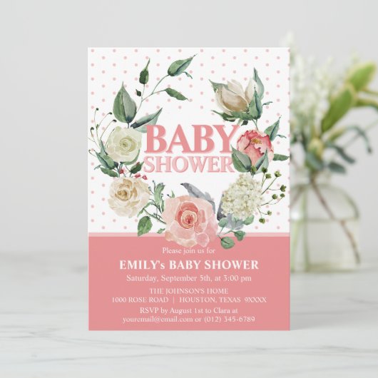 Waterverf Floral Pink Rose Girl Baby shower Kaart (Staand voorkant)