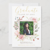 Waterverf Floral Pink Rose Gold Foto Afstuderen Aankondiging (Voorkant)