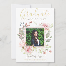 Waterverf Floral Pink Rose Gold Foto Afstuderen Aankondiging