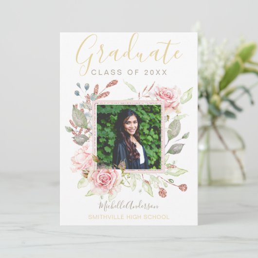 Waterverf Floral Pink Rose Gold Foto Afstuderen Aankondiging (Staand voorkant)