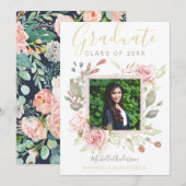 Waterverf Floral Pink Rose Gold Foto Afstuderen Aankondiging (Voorkant / Achterkant)
