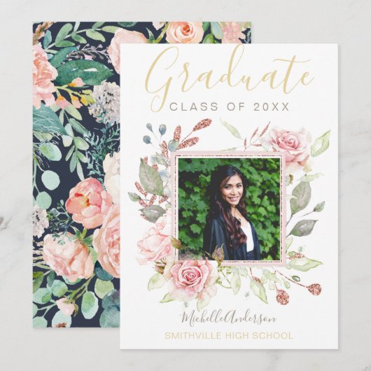 Waterverf Floral Pink Rose Gold Foto Afstuderen Aankondiging (Voorkant / Achterkant)