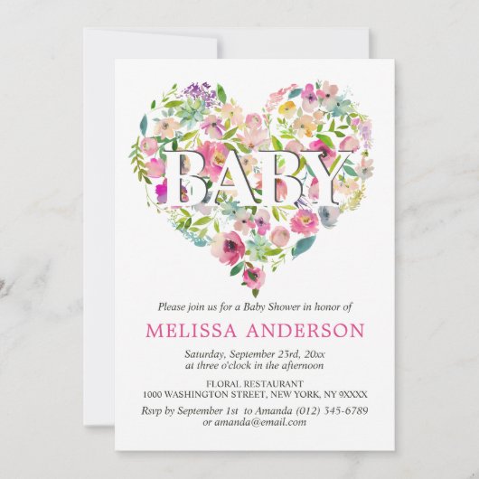 Waterverf Floral Pink Rose Heart Baby shower Kaart (Voorkant)