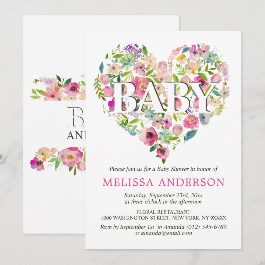 Waterverf Floral Pink Rose Heart Baby shower Kaart (Voorkant / Achterkant)