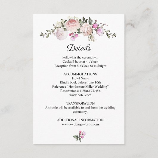 Waterverf Floral Pink Roses Wedding Detail Informatiekaartje (Voorkant)