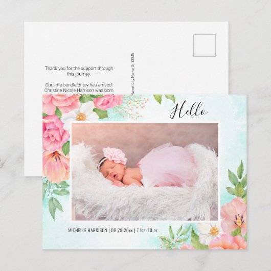 Waterverf Floral Pink Turquoise Baby Girl Foto Aankondigingskaart (Voorkant / Achterkant)