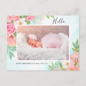 Waterverf Floral Pink Turquoise Baby Girl Foto Aankondigingskaart (Voorkant)