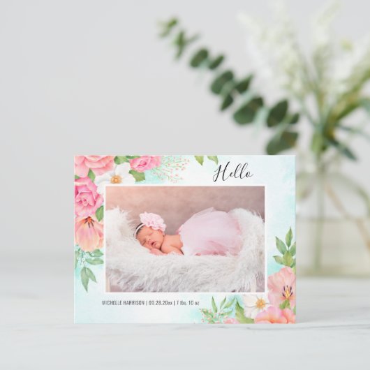 Waterverf Floral Pink Turquoise Baby Girl Foto Aankondigingskaart (Staand voorkant)