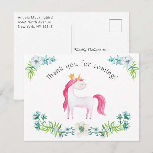 Waterverf Floral Pink Unicorn Hartelijk dank Briefkaart (Voorkant / Achterkant)