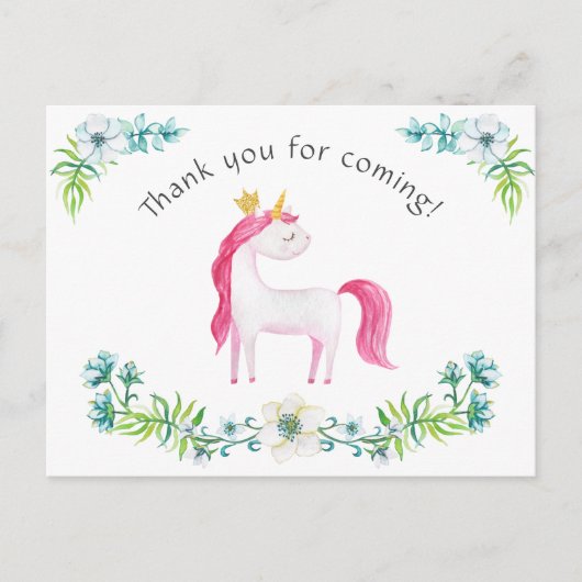Waterverf Floral Pink Unicorn Hartelijk dank Briefkaart (Voorkant)