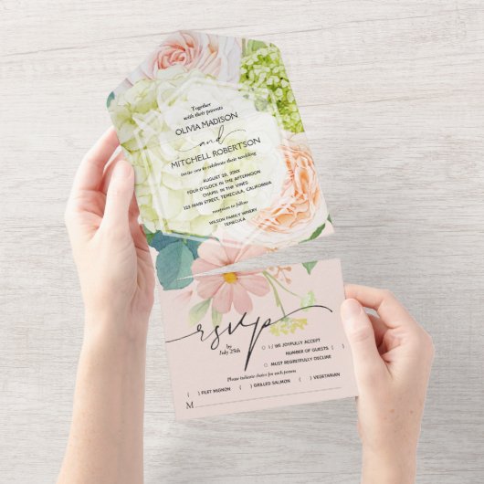 Waterverf Floral Pink Wedding All In One Uitnodiging (Afscheurbaar)