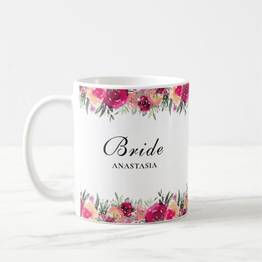 Waterverf Floral Pink Wedding Bride Koffiemok (Links)