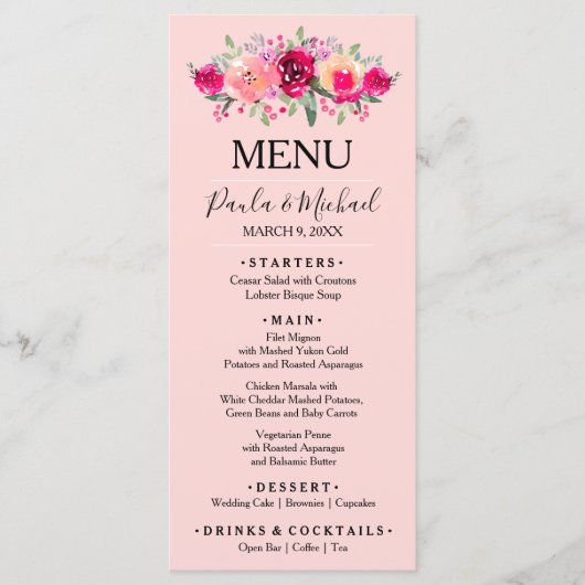 Waterverf Floral Pink Wedding Dinner Menu (Voorkant)