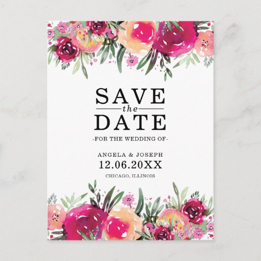 Waterverf Floral Pink Wedding Save the Date Aankondigingskaart (Voorkant)