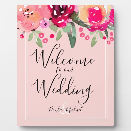 Waterverf Floral Pink Wedding Welcome Plaque Fotoplaat (Voorkant)
