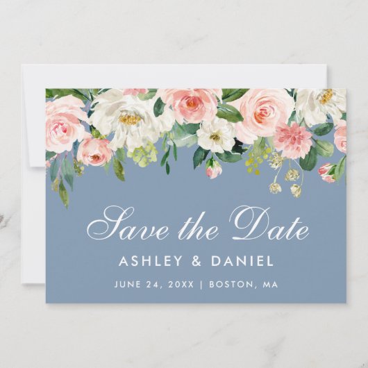 Waterverf Floral Pink White Dusty Blue Save The Date (Voorkant)