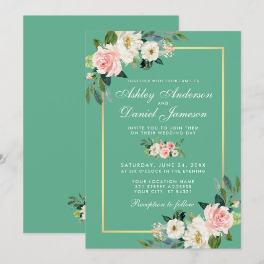 Waterverf Floral Pink White Gold Weddenschap Neo M Kaart (Voorkant / Achterkant)