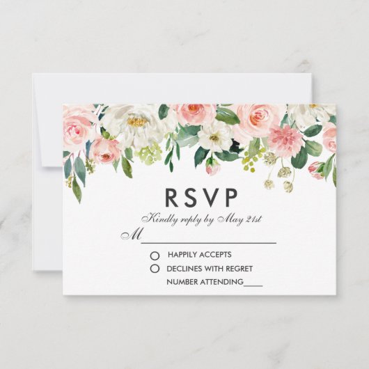 Waterverf Floral Pink White RSVP Weddenschap P (Voorkant)