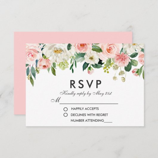 Waterverf Floral Pink White RSVP Weddenschap P (Voorkant / Achterkant)