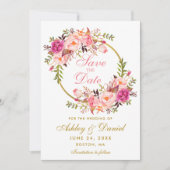 Waterverf Floral Pink Wreator Gold Save the Date (Voorkant)