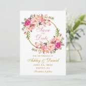 Waterverf Floral Pink Wreator Gold Save the Date (Staand voorkant)