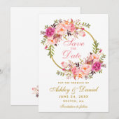 Waterverf Floral Pink Wreator Gold Save the Date (Voorkant / Achterkant)