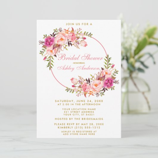 Waterverf Floral Pink Wreator Gold Vrijgezellenfee Kaart (Staand voorkant)