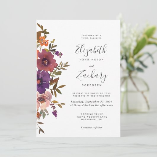 Waterverf Floral Plum Copper Fall Wedding Kaart (Staand voorkant)