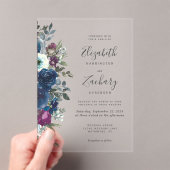 Waterverf Floral Plum Navy Blue Wedding Acryl Uitnodigingen (Insitu (Draagbaar))