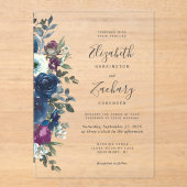 Waterverf Floral Plum Navy Blue Wedding Acryl Uitnodigingen (Voorkant)